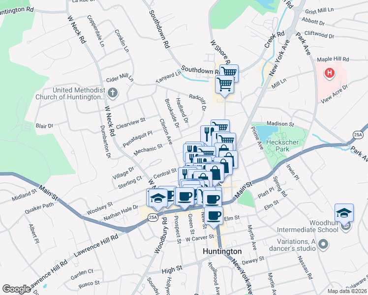 map of restaurants, bars, coffee shops, grocery stores, and more near 11 Edgar Court in Huntington