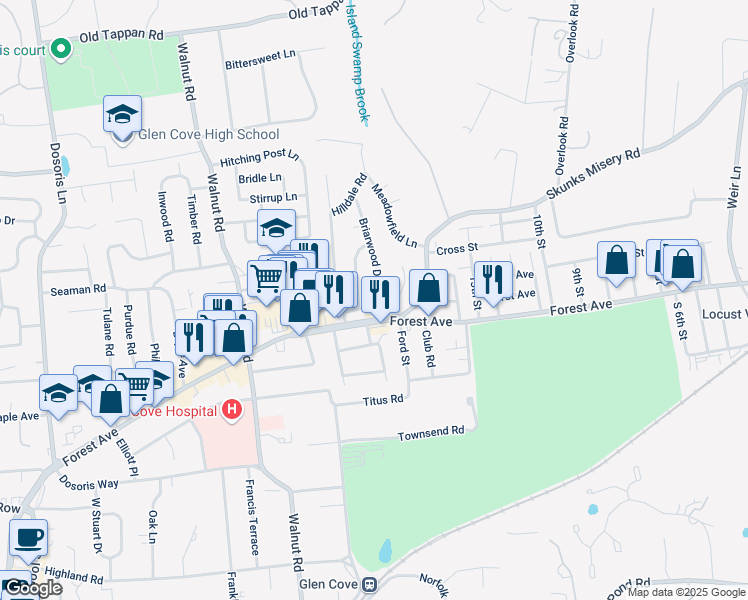 map of restaurants, bars, coffee shops, grocery stores, and more near 4 Driftwood Drive in Glen Cove