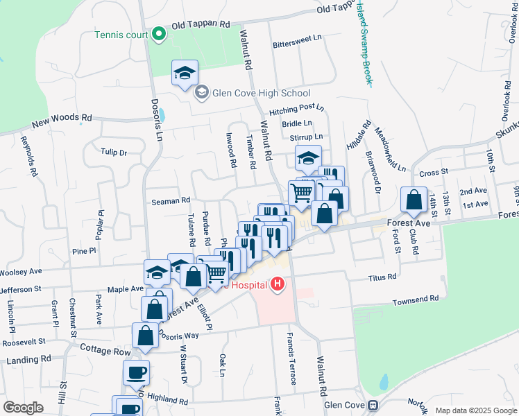 map of restaurants, bars, coffee shops, grocery stores, and more near Walnut Rd in Glen Cove