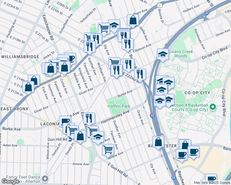 map of restaurants, bars, coffee shops, grocery stores, and more near 3202 Bruner Avenue in Bronx