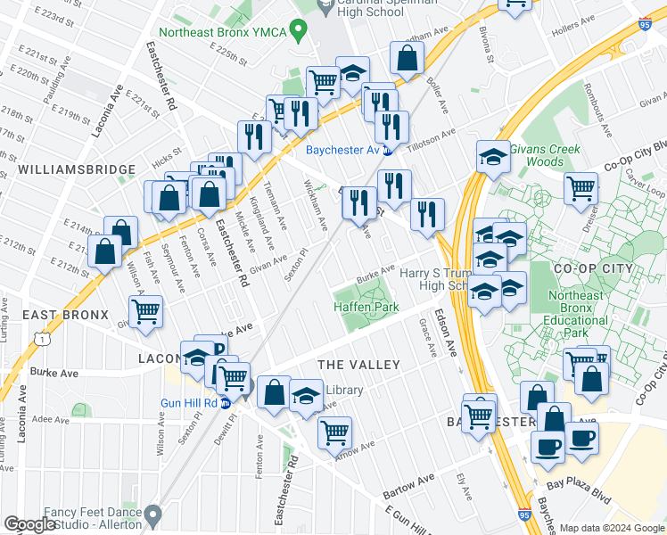 map of restaurants, bars, coffee shops, grocery stores, and more near 3227 Wickham Avenue in The Bronx