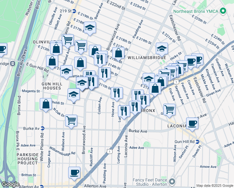 map of restaurants, bars, coffee shops, grocery stores, and more near 1014 East 211th Street in Bronx