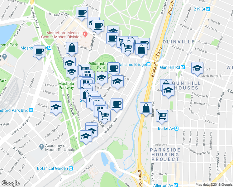 map of restaurants, bars, coffee shops, grocery stores, and more near 350 East 207th Street in Bronx