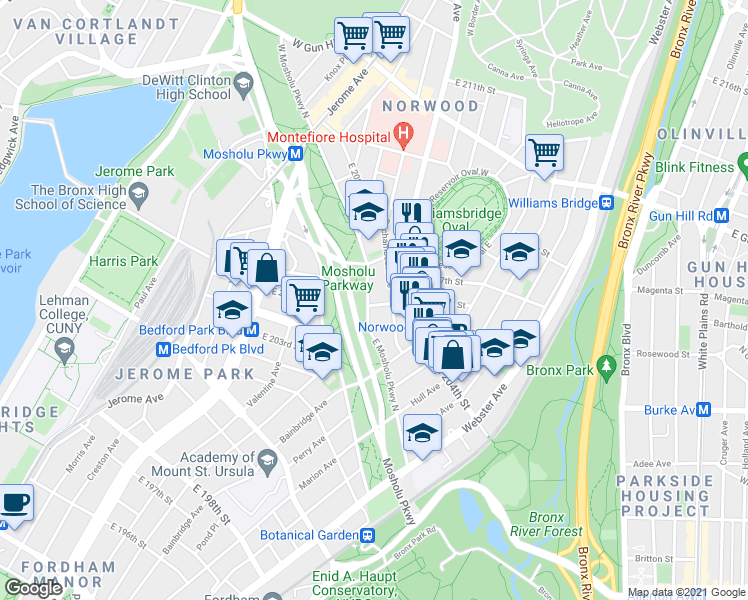 map of restaurants, bars, coffee shops, grocery stores, and more near in Bronx