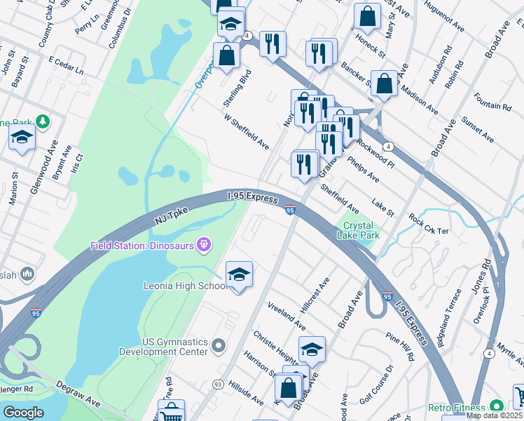map of restaurants, bars, coffee shops, grocery stores, and more near 13A Lakeview Avenue in Leonia