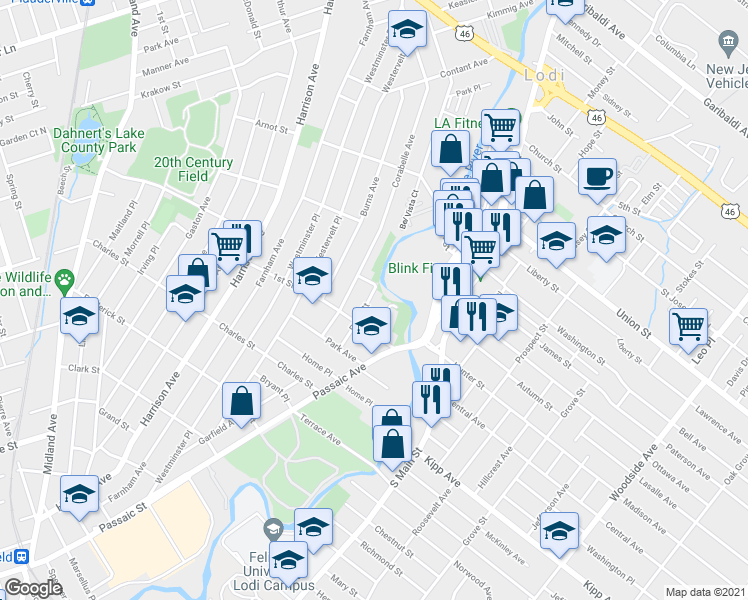 map of restaurants, bars, coffee shops, grocery stores, and more near 45 River Street in Lodi