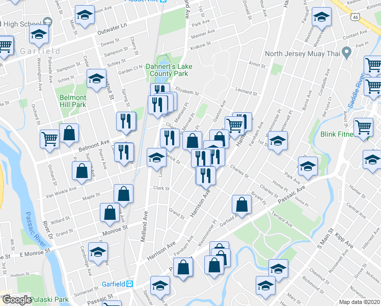 map of restaurants, bars, coffee shops, grocery stores, and more near 78 Gaston Avenue in Garfield