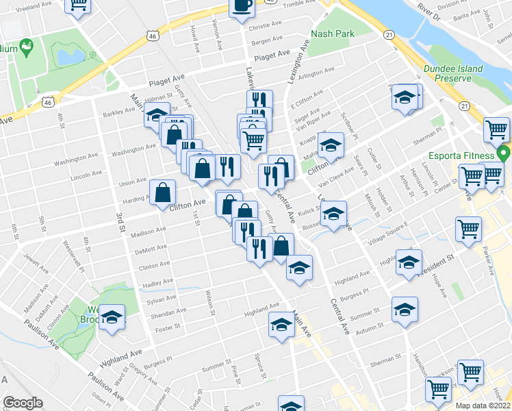 map of restaurants, bars, coffee shops, grocery stores, and more near 16 Madison Avenue in Clifton