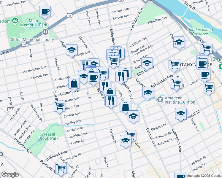 map of restaurants, bars, coffee shops, grocery stores, and more near 16 Madison Avenue in Clifton