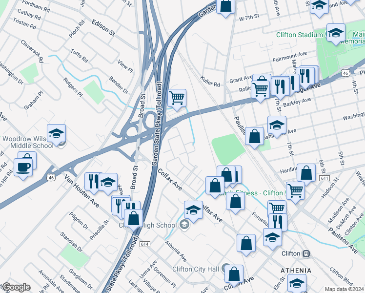 map of restaurants, bars, coffee shops, grocery stores, and more near 5203 Burwood Road in Clifton