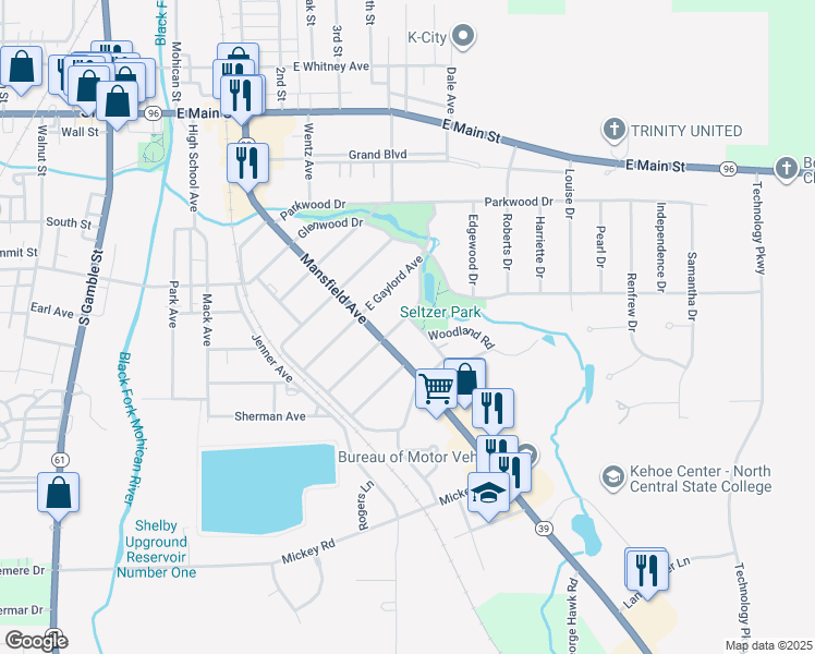 map of restaurants, bars, coffee shops, grocery stores, and more near 10 East Maxwell Drive in Shelby