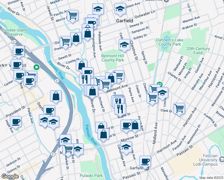 map of restaurants, bars, coffee shops, grocery stores, and more near 62 Belmont Avenue in Garfield