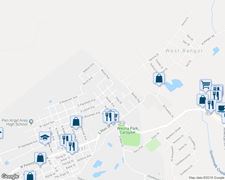 map of restaurants, bars, coffee shops, grocery stores, and more near 500 Vine Street in Pen Argyl