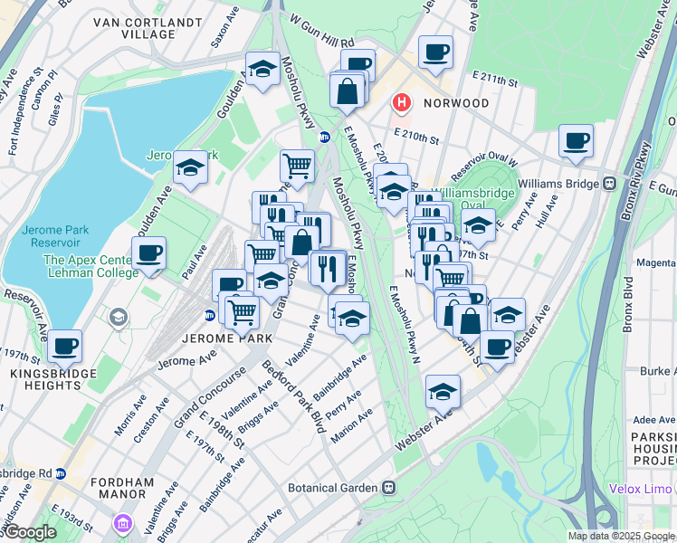 map of restaurants, bars, coffee shops, grocery stores, and more near E 205th St & Lisbon Pl in Bronx