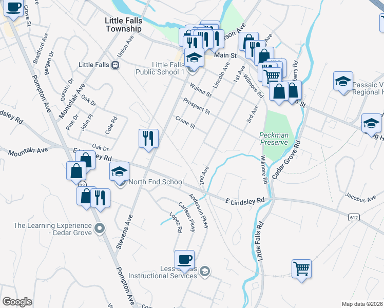 map of restaurants, bars, coffee shops, grocery stores, and more near 191 1st Avenue in Little Falls