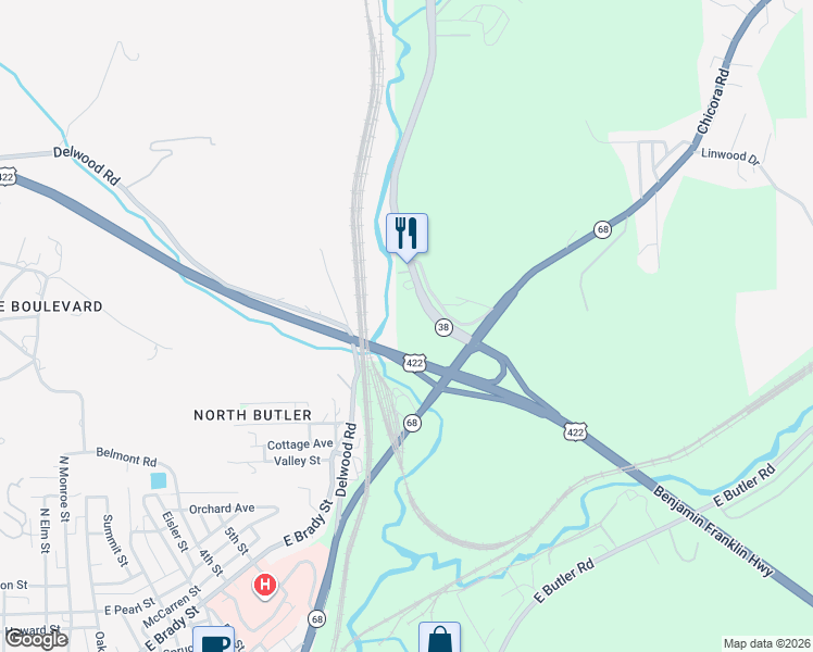 map of restaurants, bars, coffee shops, grocery stores, and more near 127 Oneida Valley Road in Butler