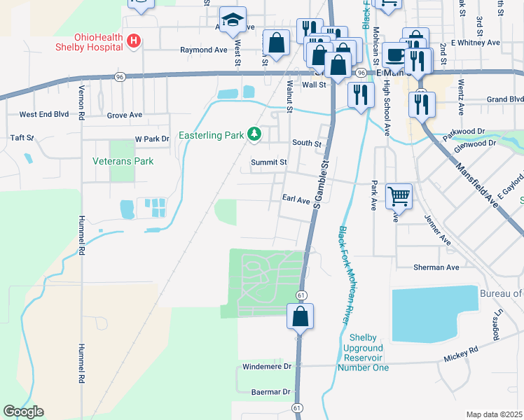 map of restaurants, bars, coffee shops, grocery stores, and more near 18 Earl Ave in Shelby