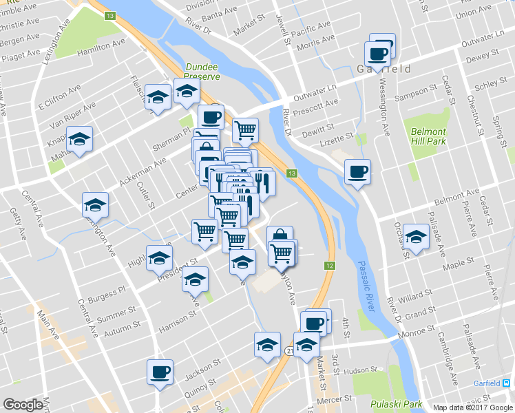 map of restaurants, bars, coffee shops, grocery stores, and more near 21 Barbour Avenue in Passaic