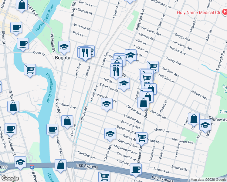 map of restaurants, bars, coffee shops, grocery stores, and more near 255 Summit Avenue in Bogota