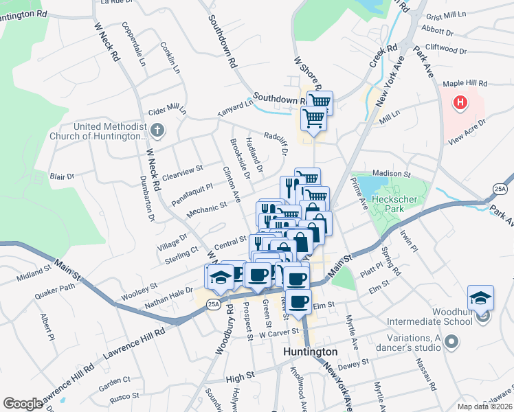 map of restaurants, bars, coffee shops, grocery stores, and more near 11 Edgar Court in Huntington