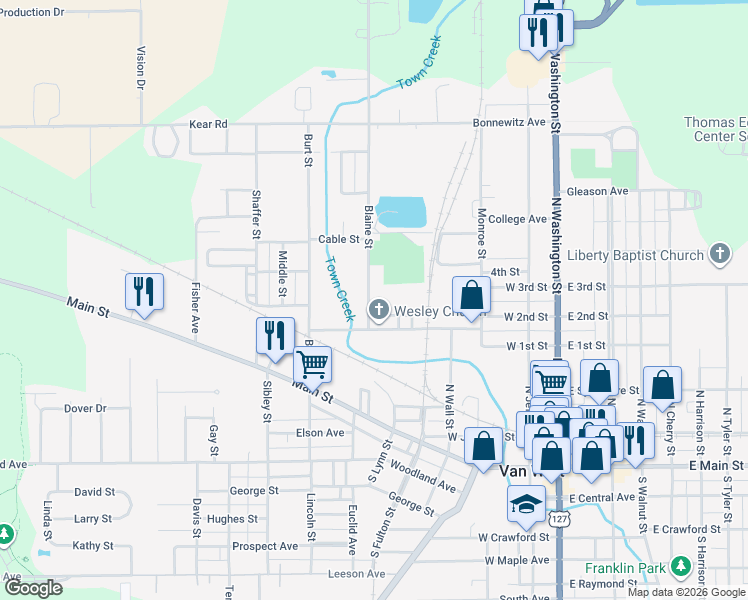 map of restaurants, bars, coffee shops, grocery stores, and more near 130 Blaine Street in Van Wert