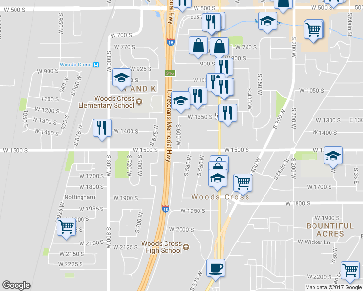 map of restaurants, bars, coffee shops, grocery stores, and more near 596 West 1500 South in Woods Cross