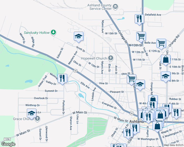map of restaurants, bars, coffee shops, grocery stores, and more near 711 Ohio St in Ashland