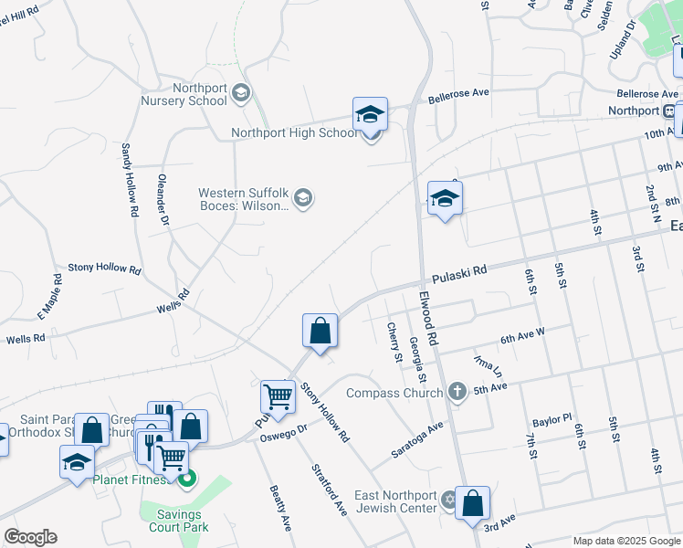 map of restaurants, bars, coffee shops, grocery stores, and more near 6 Stony Hollow Court in Greenlawn