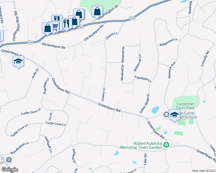 map of restaurants, bars, coffee shops, grocery stores, and more near 12 Cherry Lane in Huntington