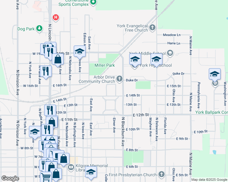 map of restaurants, bars, coffee shops, grocery stores, and more near 11 Arbor Court in York