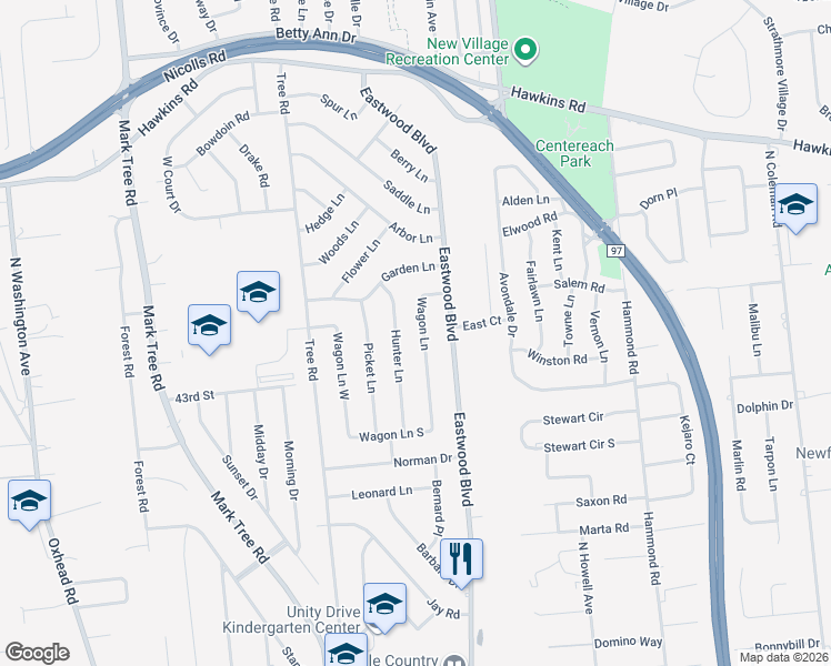 map of restaurants, bars, coffee shops, grocery stores, and more near 22 Wagon Lane in Centereach