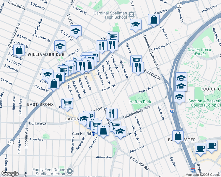 map of restaurants, bars, coffee shops, grocery stores, and more near 1618 Givan Avenue in Bronx