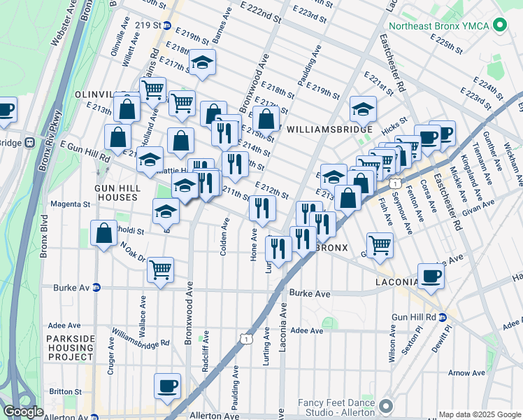 map of restaurants, bars, coffee shops, grocery stores, and more near 1014 East 211th Street in Bronx