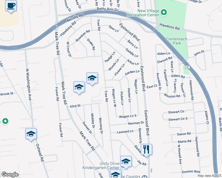 map of restaurants, bars, coffee shops, grocery stores, and more near 175 Wagon Lane in Centereach