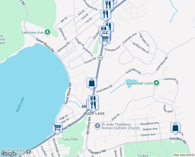 map of restaurants, bars, coffee shops, grocery stores, and more near 181 U.S. 46 in Mount Olive