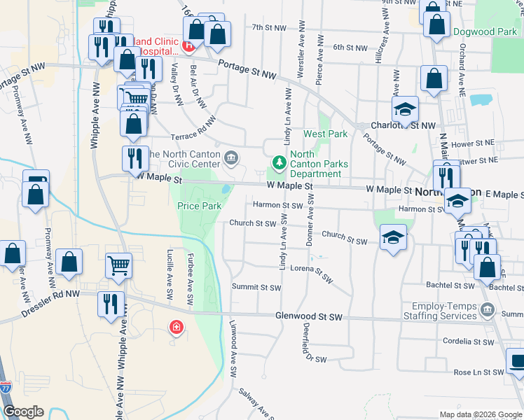 map of restaurants, bars, coffee shops, grocery stores, and more near 824 Harmon Street Southwest in North Canton