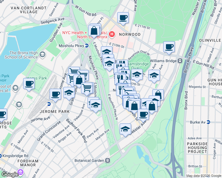 map of restaurants, bars, coffee shops, grocery stores, and more near in The Bronx