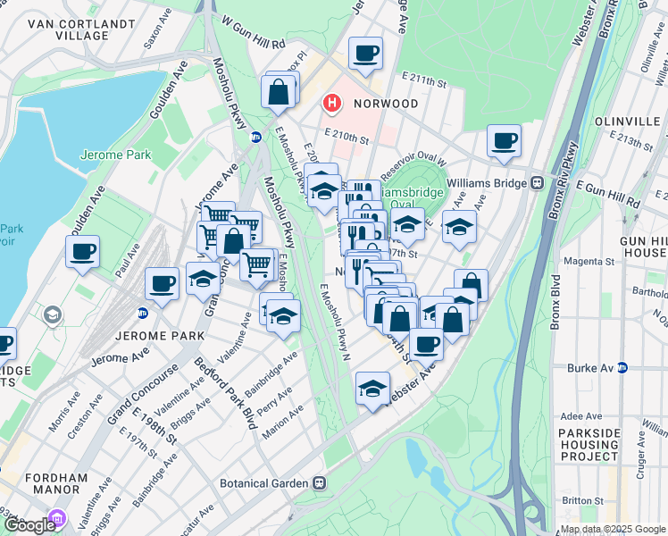 map of restaurants, bars, coffee shops, grocery stores, and more near in The Bronx
