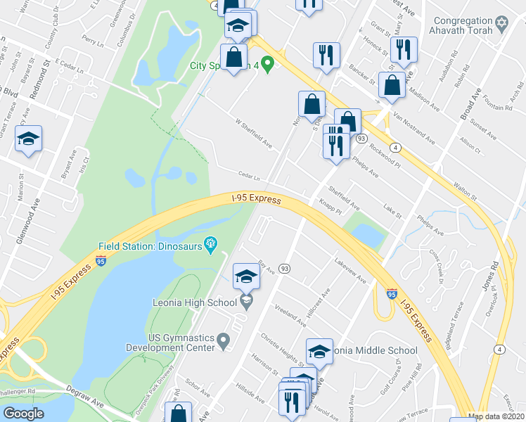 map of restaurants, bars, coffee shops, grocery stores, and more near 13A Lakeview Avenue in Leonia