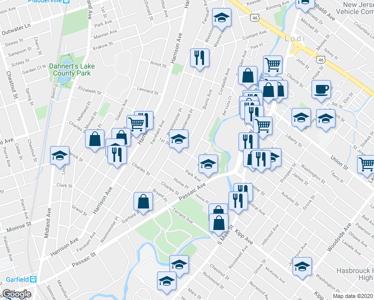 map of restaurants, bars, coffee shops, grocery stores, and more near 28 Burns Avenue in Lodi