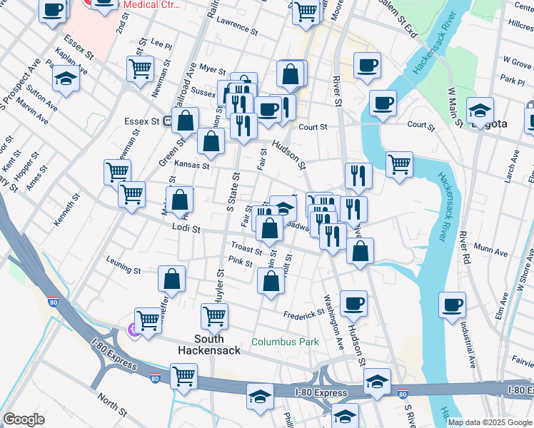 map of restaurants, bars, coffee shops, grocery stores, and more near 76 Broadway in Hackensack