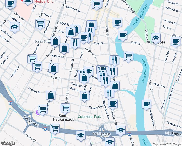 map of restaurants, bars, coffee shops, grocery stores, and more near 89 New Street in Hackensack