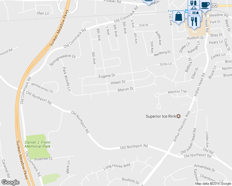 map of restaurants, bars, coffee shops, grocery stores, and more near 42 Marvin Drive in Kings Park