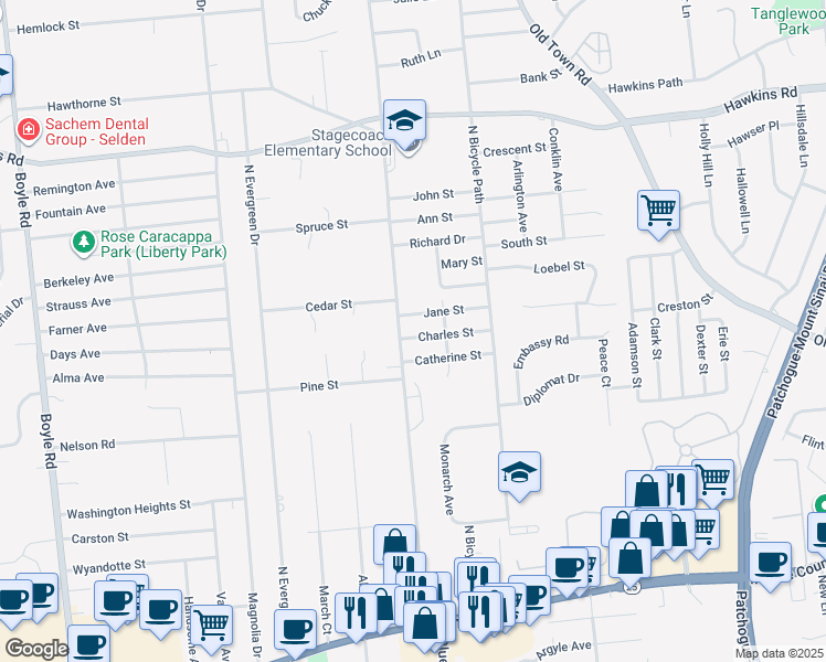 map of restaurants, bars, coffee shops, grocery stores, and more near 21 Charles St in Selden