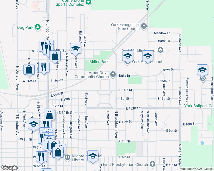 map of restaurants, bars, coffee shops, grocery stores, and more near 11 Arbor Court in York
