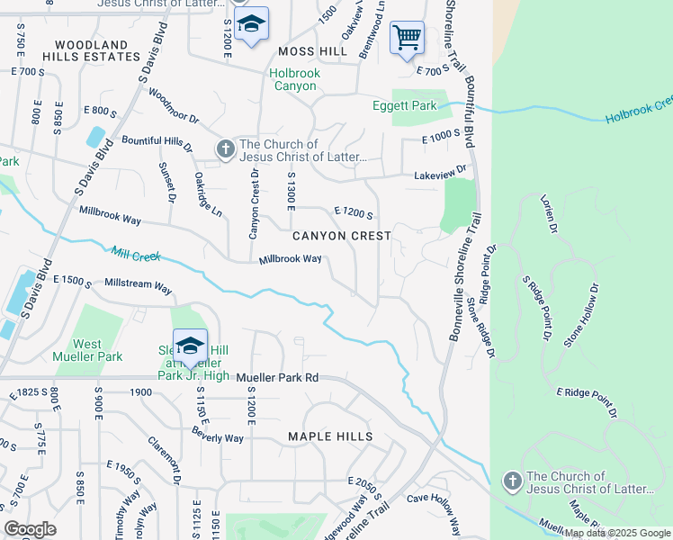 map of restaurants, bars, coffee shops, grocery stores, and more near 1399 Millbrook Way in Bountiful