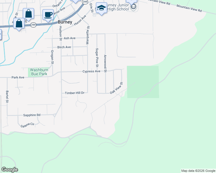 map of restaurants, bars, coffee shops, grocery stores, and more near 20137 Arrowood Street in Burney