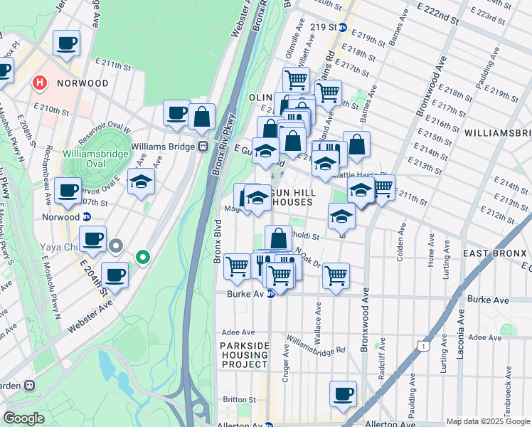 map of restaurants, bars, coffee shops, grocery stores, and more near 3387 White Plains Road in Bronx