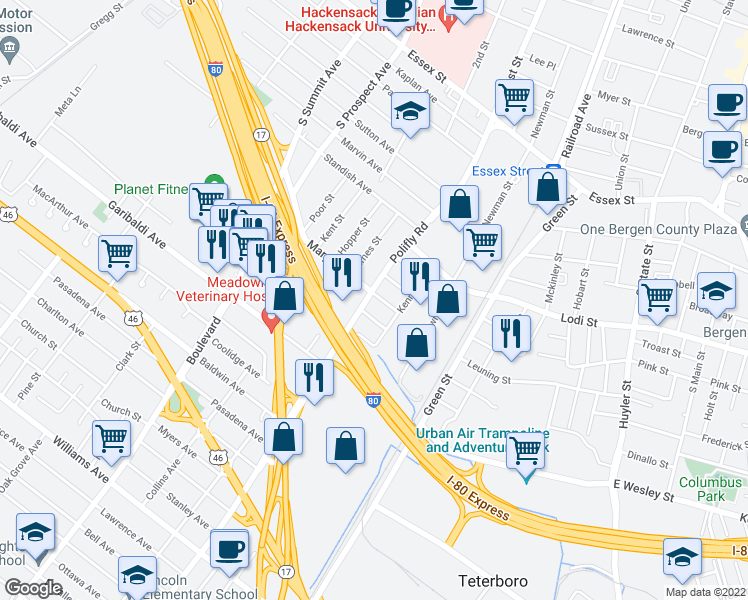 map of restaurants, bars, coffee shops, grocery stores, and more near 222 Elleen Terrace in Hackensack
