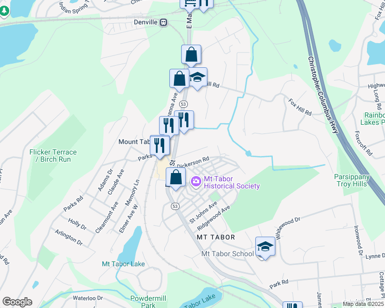 map of restaurants, bars, coffee shops, grocery stores, and more near 24 Front Street in Denville